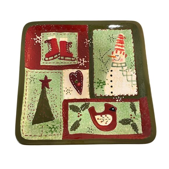 Cracker Barrel Christmas Quilt Square Platter Holiday Serving Plate 10” Ceramic - Picture 1 of 11